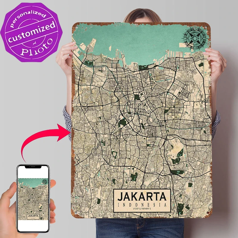 Home Decor Jakarta - 자카르타 도시 지도 빈티지 금속 포스터