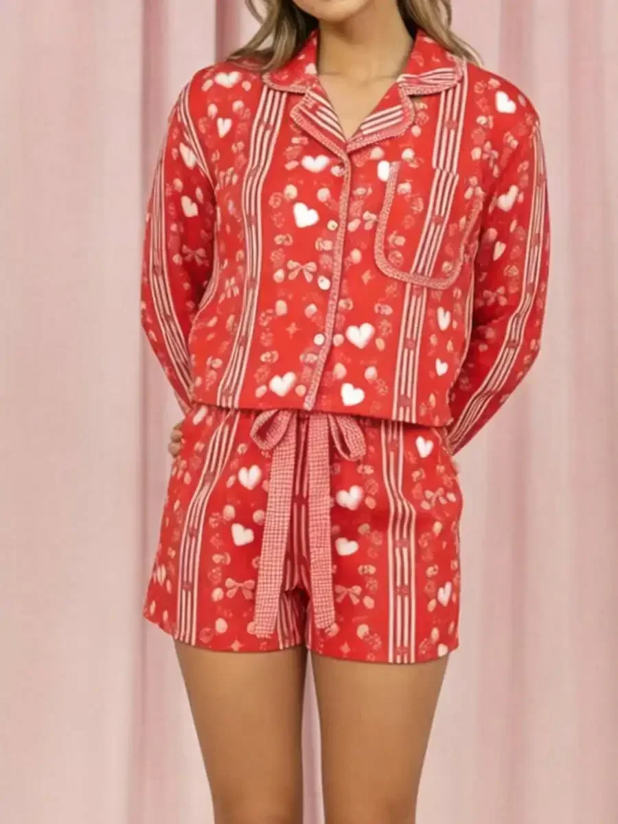 

Women Valentine Heart Floral Print Pajama Set Long Sleeve Top And Shorts Sleepwear