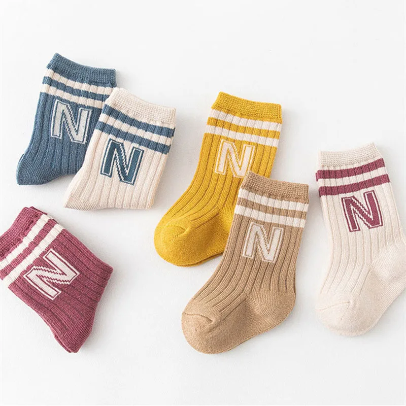 3 Pairs Children Knit Soft Cotton Letter Socks Kids Long Knee High Socks Infant Toddler Baby Boys Girls Cute Stripe Socks