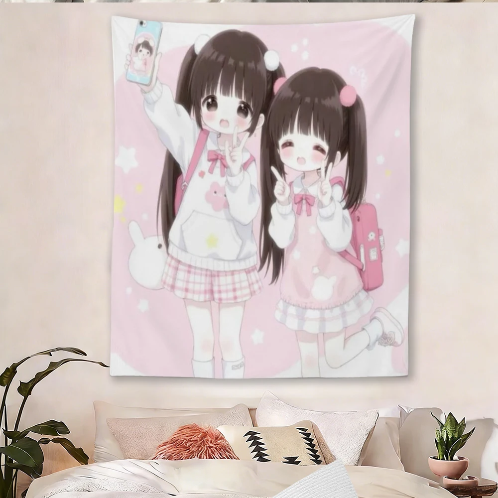 Soft Pastel Anime Tapestry, Cute Twin Chibi Girls Wall Hanging, Perfect for Living Room, Bedroom & Party Decoration