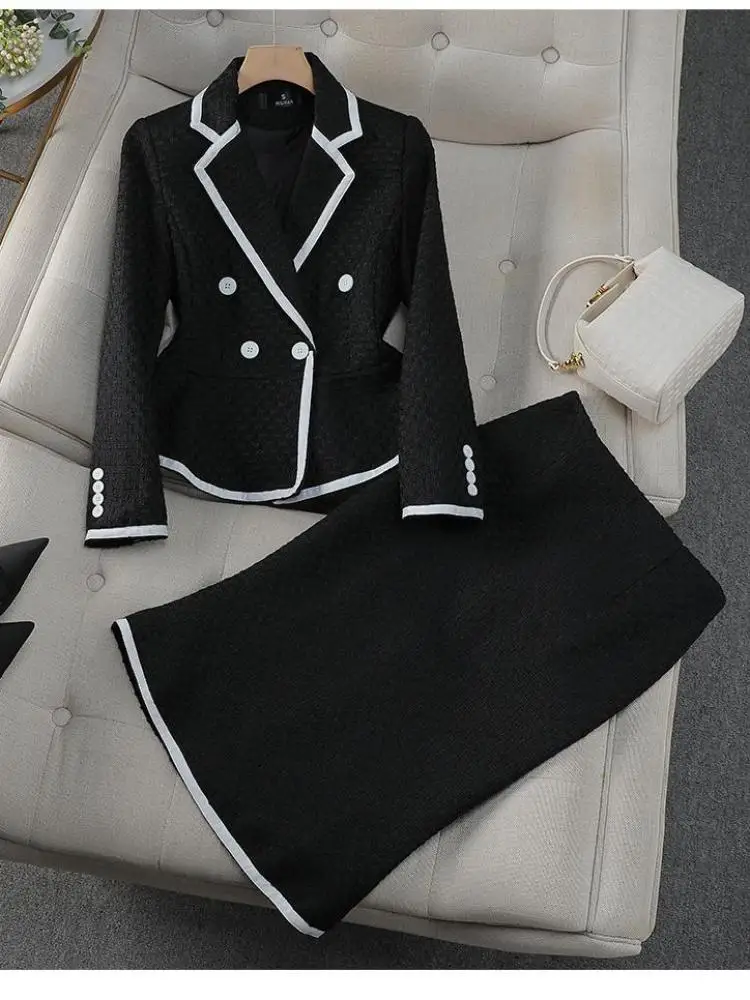 

Black White Patchwork Office Lady French Two Piece Suit Women Long Sleeve Double Breasted Short Blazer + High Waist Midi Skirts