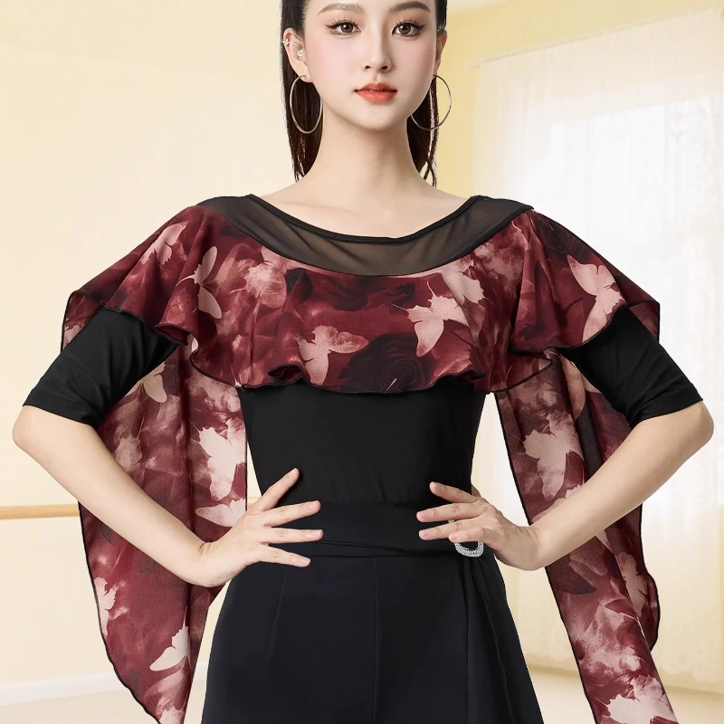 

Удобные модные топы для современных танцев, модная танцевальная одежда с принтом для латинских танцев, темпераментный костюм феналги с круглым вырезом