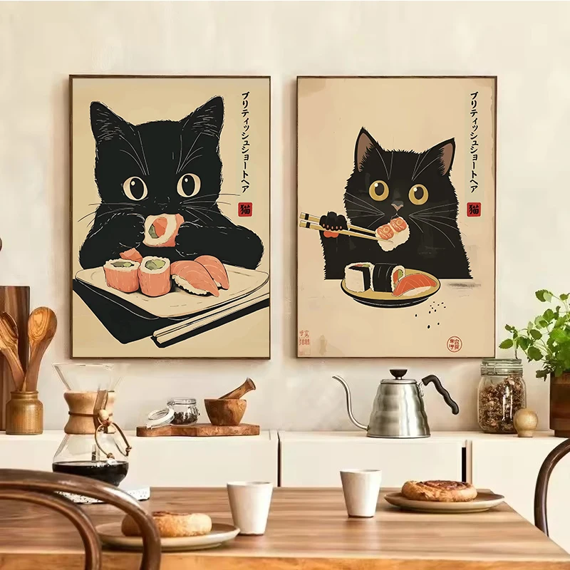 1pc framless Canvas Painting Japanese Ramen Animal Black Cat Sushi Posters Canvas Prints Paintings Home Decor Noodles Food Wall