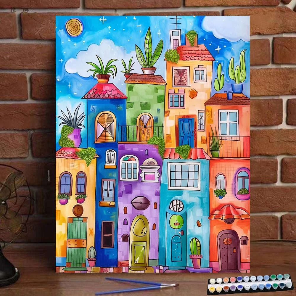 Painting by Numbers Cartoon art colorful building Art Culture Digital Painting Handmade Adult Children Gift Wall Decoration Dig