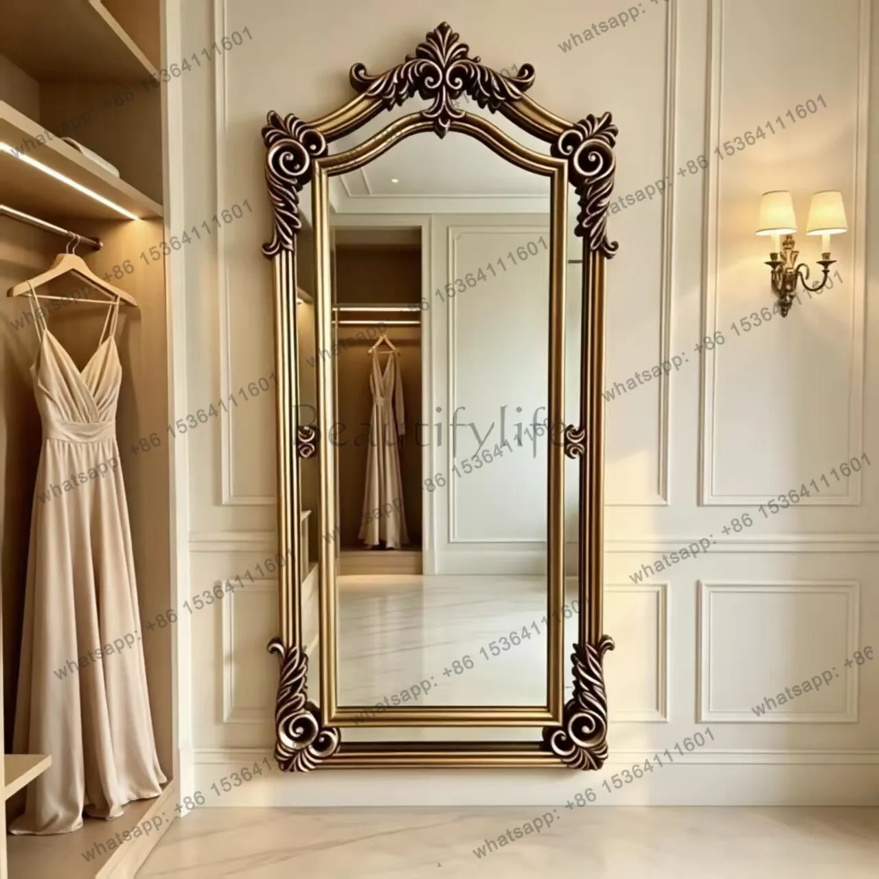 PG European carved full-length mirror household court retro style high definition surface wall hanging floor fitting mirror
