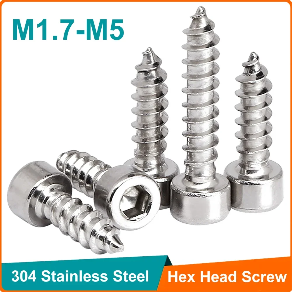 

20-200pcs 304 Stainless Steel Hex Screw M1.7 M2 M2.6 M3 M3.5 M4 M5 Hexagon Socket Cap Head Self Tapping Screw Allen Head Screws