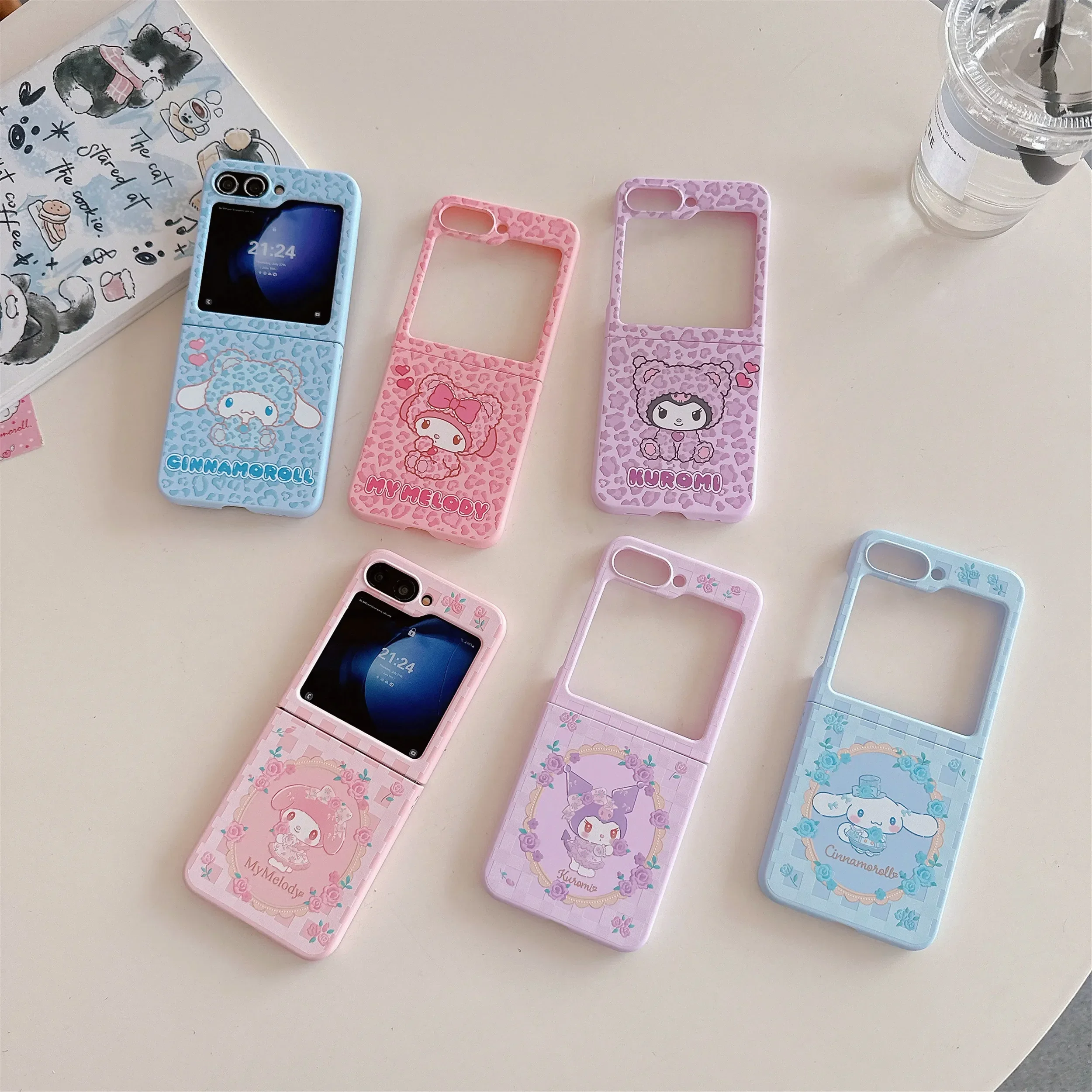 

NEW Cute Leopard Sanrios Cinnamoroll Kuromi Phone Case for Samsung Galaxy Z Flip 3 4 5 6 5G PC Hard Anti-drop Candy Shells Funda