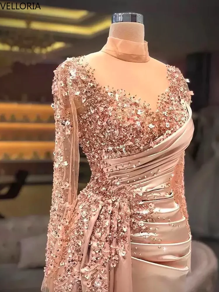 Long Sleeved High Neck Evening Dress Sparkling Sequin Satin Mermaid Gown Formal Party Ball Gown Vestdos De Fiesta Customized image 4