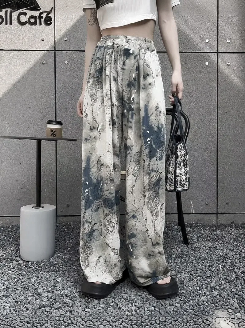 

New summer 2024, new Chinese style, draping floor pants, high waisted straight leg pants, ink painting wide leg pants for women