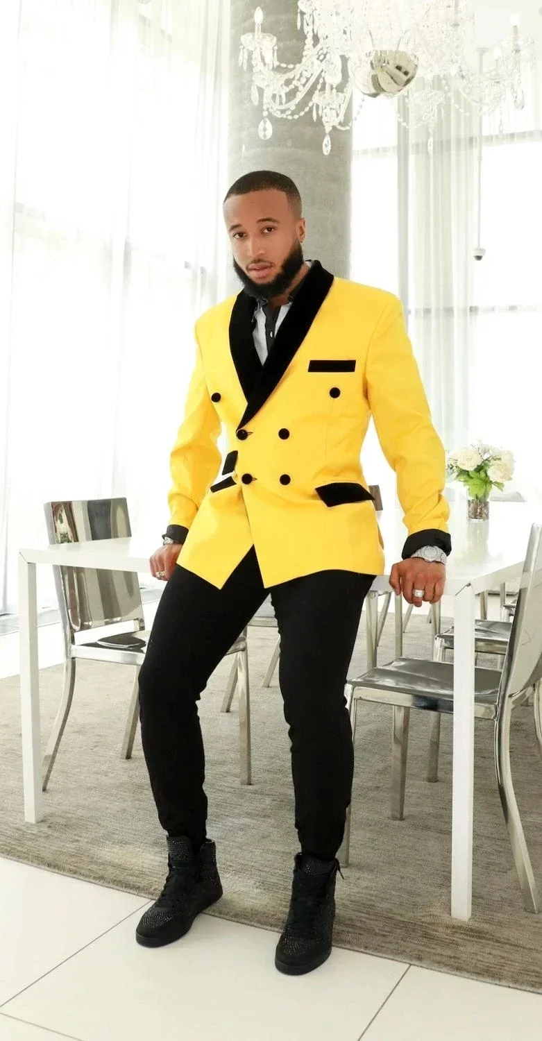 

2024 Fashion Yellow Jacket Men Suit Casual Double Breasted Slim Fit Blazer Hombre High Street High Quality Custom 2 Piece Set