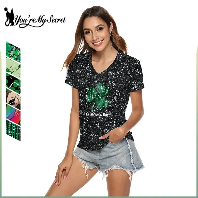 [Youre My Secret] Lucky T-Shirt for Women Short Sleeved Shirt Top V Neck Green Tees Casual Streetwear 3D Printing Female Clothes