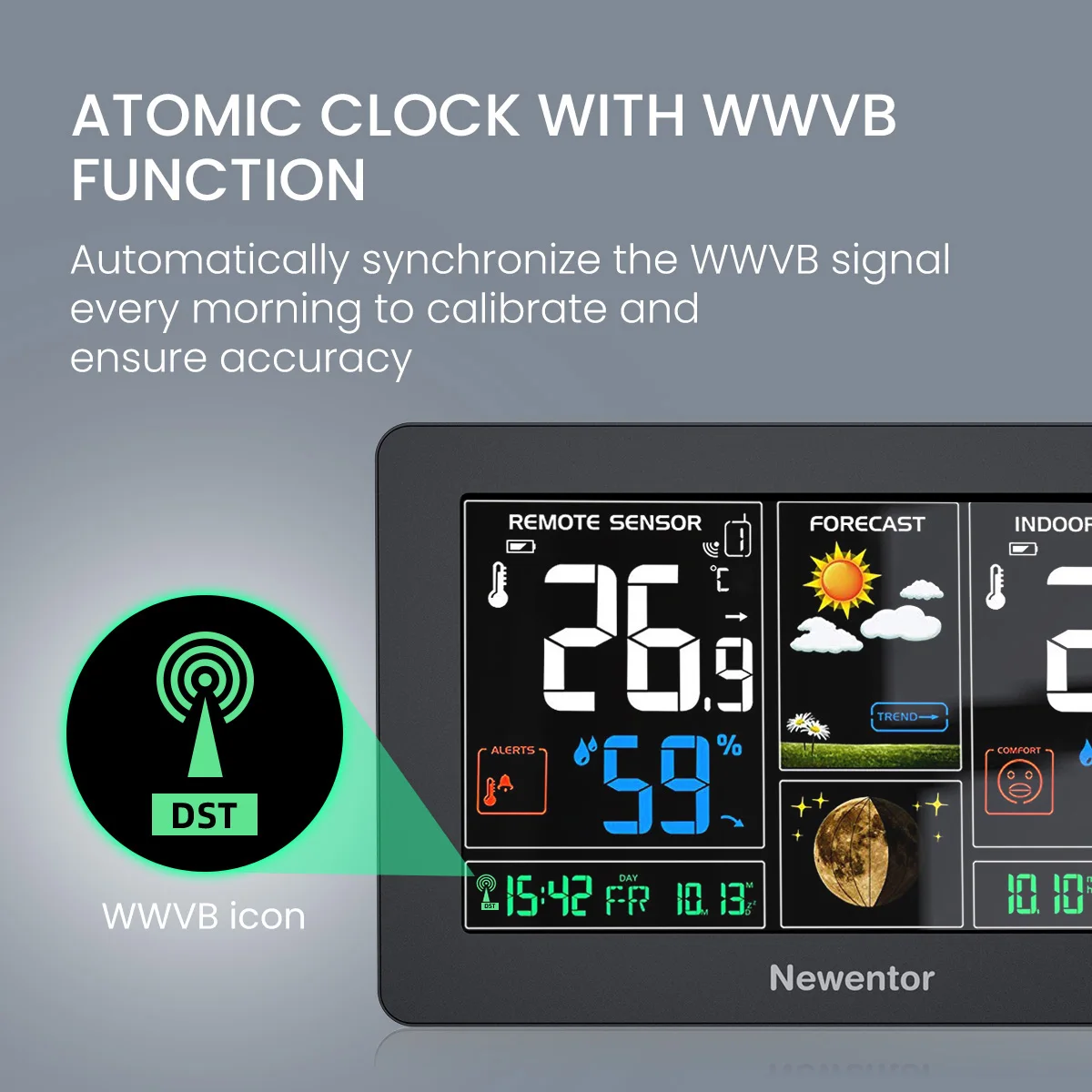Newentor Weather Station with Atomic Clock, Weather Forecast, Temperature, Humidity, 7.5in Color Display, Barometer, Wireless