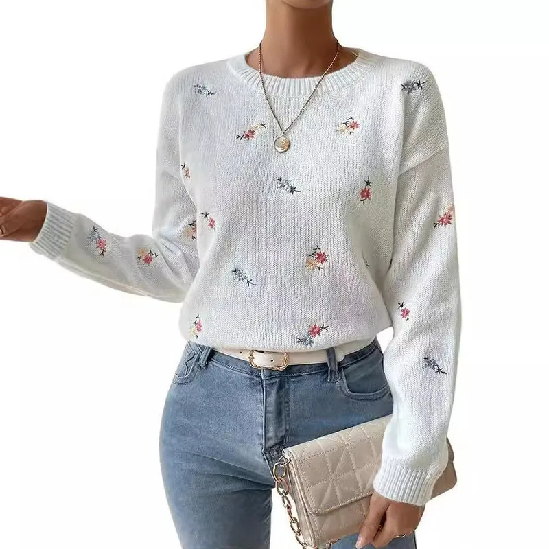 Spring And Autumn Casual Elegant Women's Sweater Flower Embroidered Round Neck Long Sleeve Off Shoulder Sweet Top