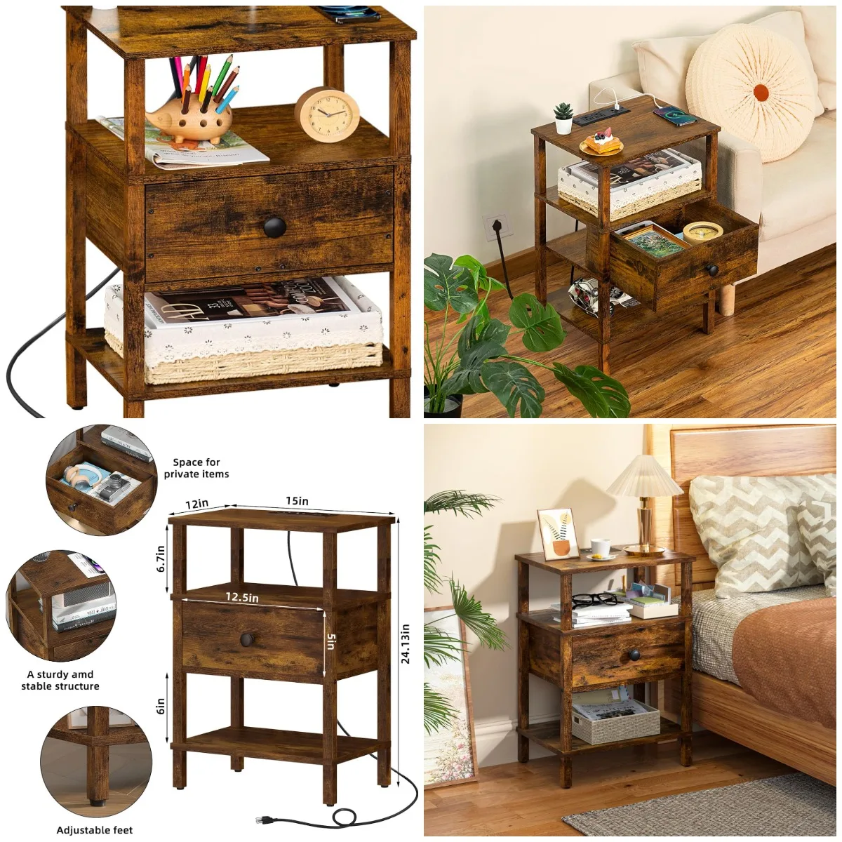 

Nightstand with Charging Station, 3-Tier Storage, USB Ports, Wood Bedside Table for Small Spaces – Retro Brown