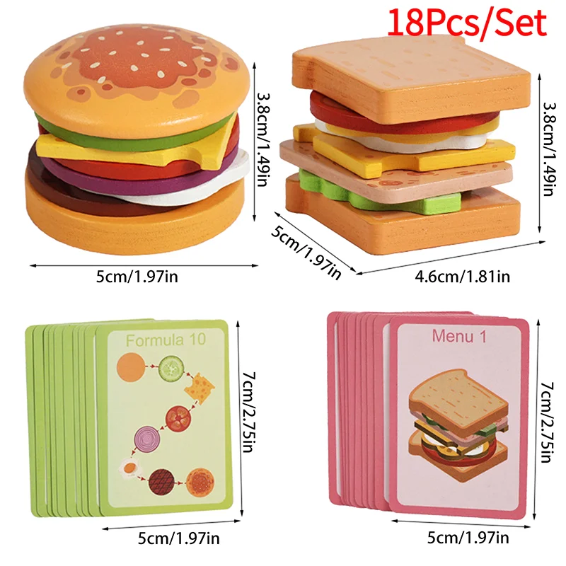 Wooden Hamburg Sandwich Stacking Toys For Toddlers And Kids Montessori Preschool Educational Toys Fine Motor Skill Kitchen Toy.