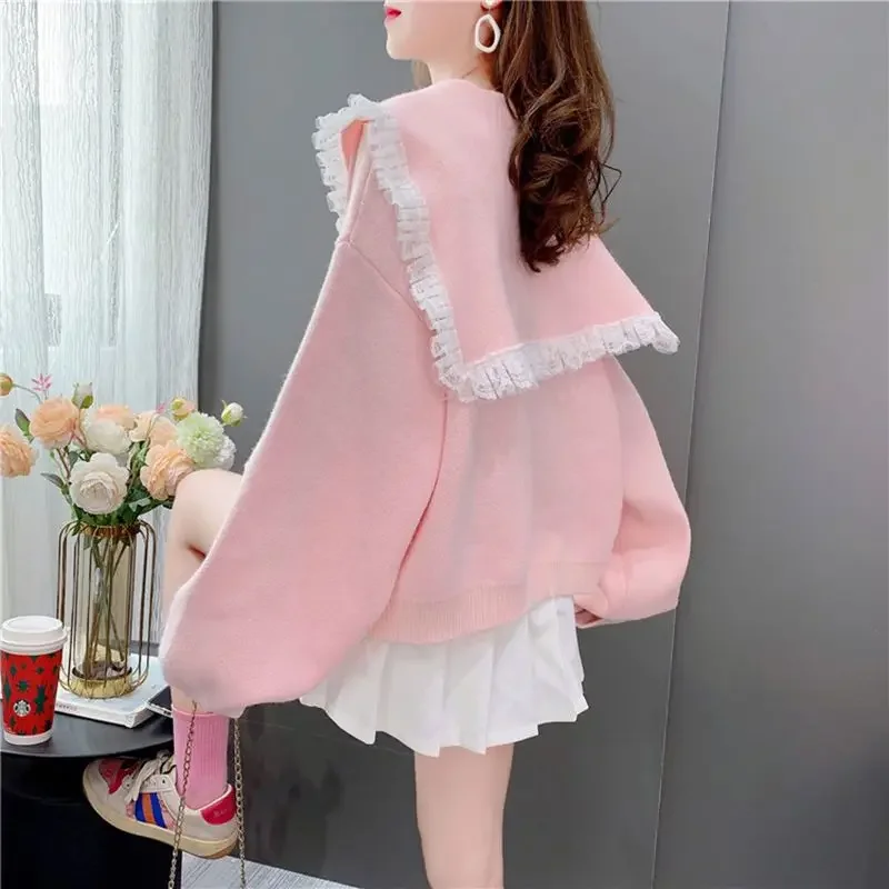2025 Sweatshirts Women Sailor Collar Lace Splicing New Sweet Cartoon Sweater Solid Tops Female