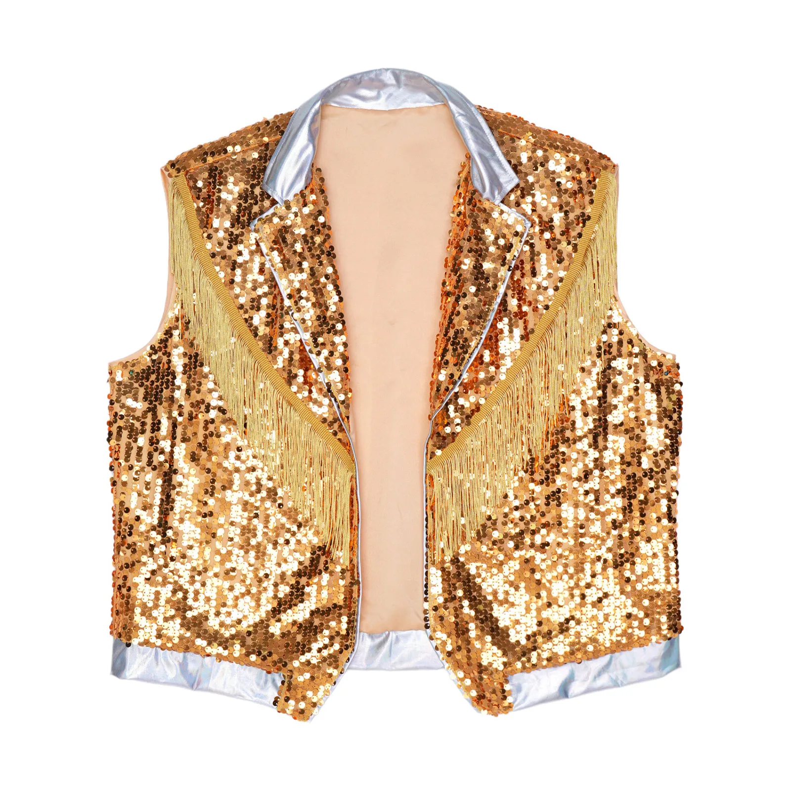 Mens Hip Hop Jazz Sequins Vest Sleeveless Tassel Open Front Metallic Shiny Tank Top Waistcoat for Nightclub Party Stage Show