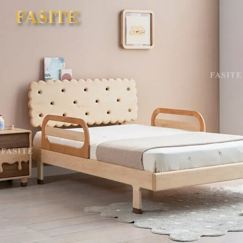 Cherry Solid Wood Bed with Safety Guardrails Square Biscuit Tufted Headboard Sturdy Frame for Kids Boys Girls Bedroom