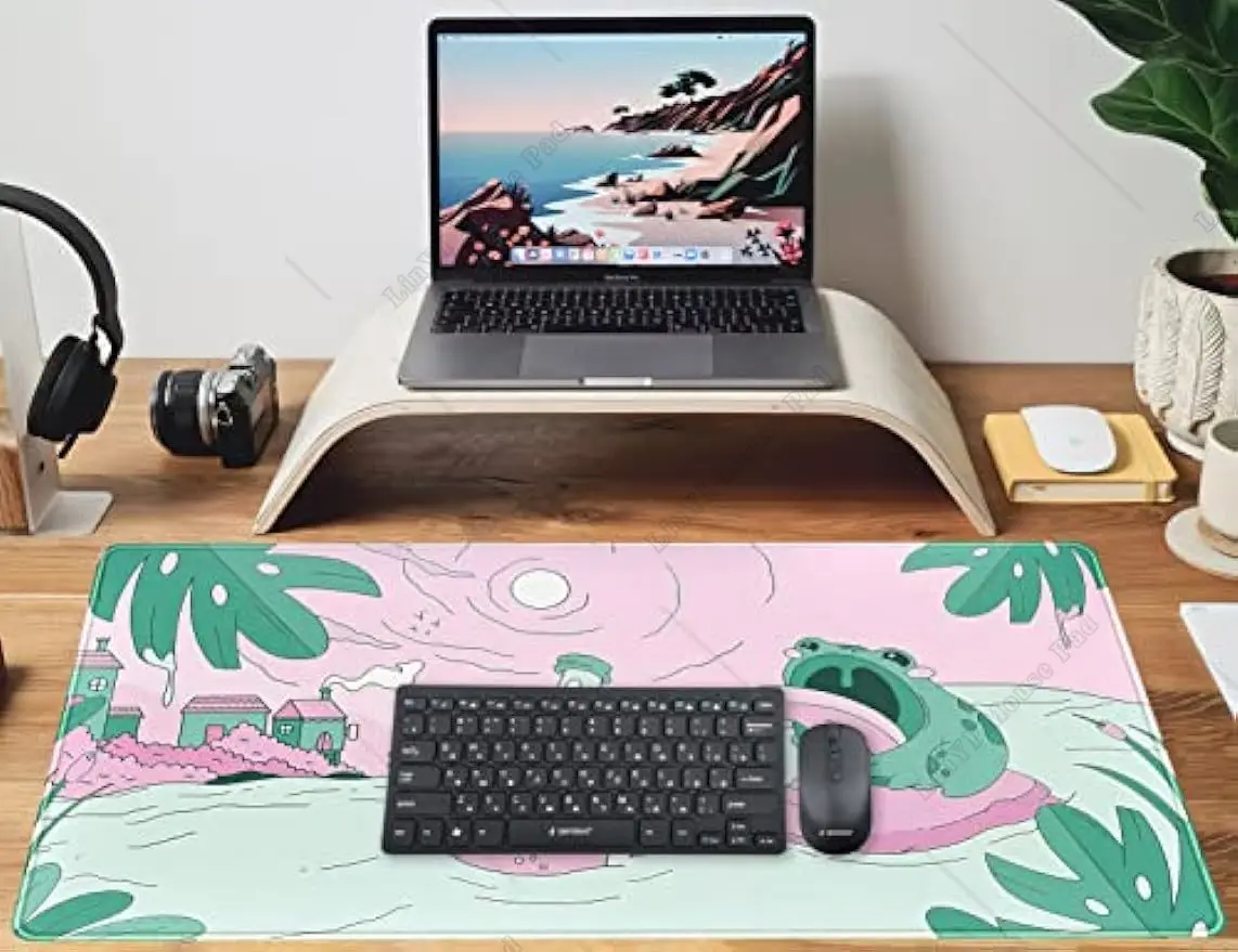 Pink Green Cute Desk Mat Kawaii Cartoon Frog Mousepad Cute Anime Mouse Pad 31.5x11.8 inch Large Gaming Desk Pad Fit Home Gift