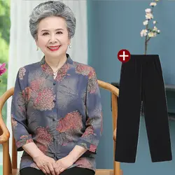 Retro Print Tops Middle-Aged Elderly Mother Summer Pants Suit Grandma Blouse Shirt Trousers 2 Piece Sets Womens Outfits XL-5XL