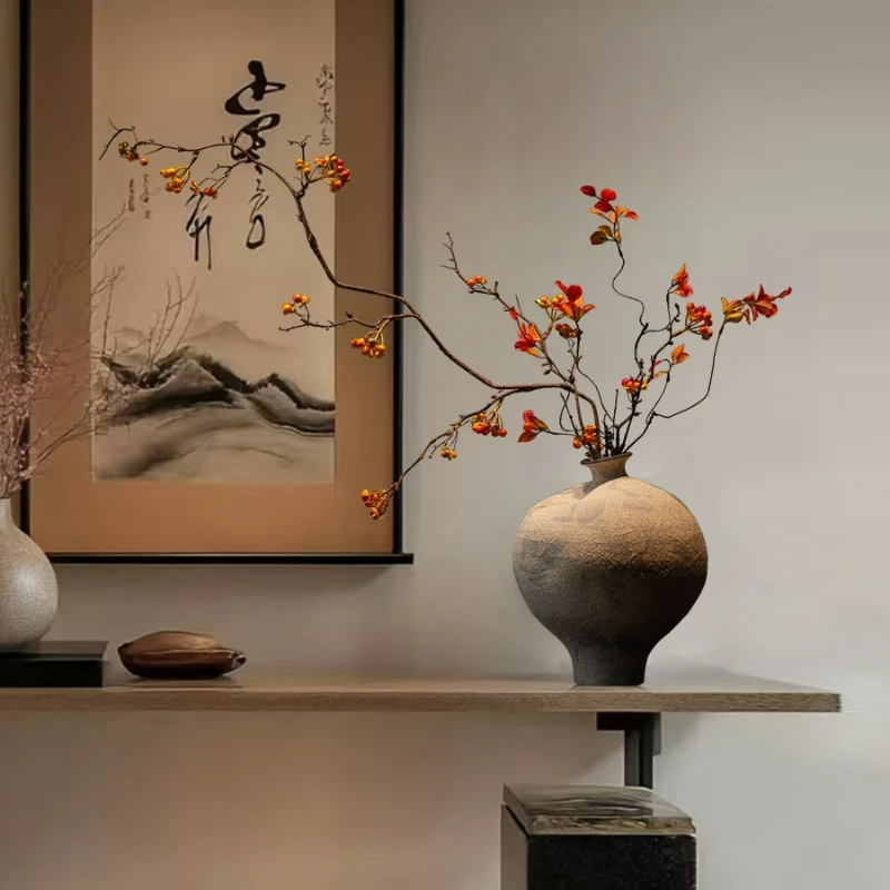 Wabi Sabi Floral Vintage Stoneware Pot Entryway Bulbous Narrow Base Vase Japanese B&B Ceramic Song Dynasty Zen Chinese Decor