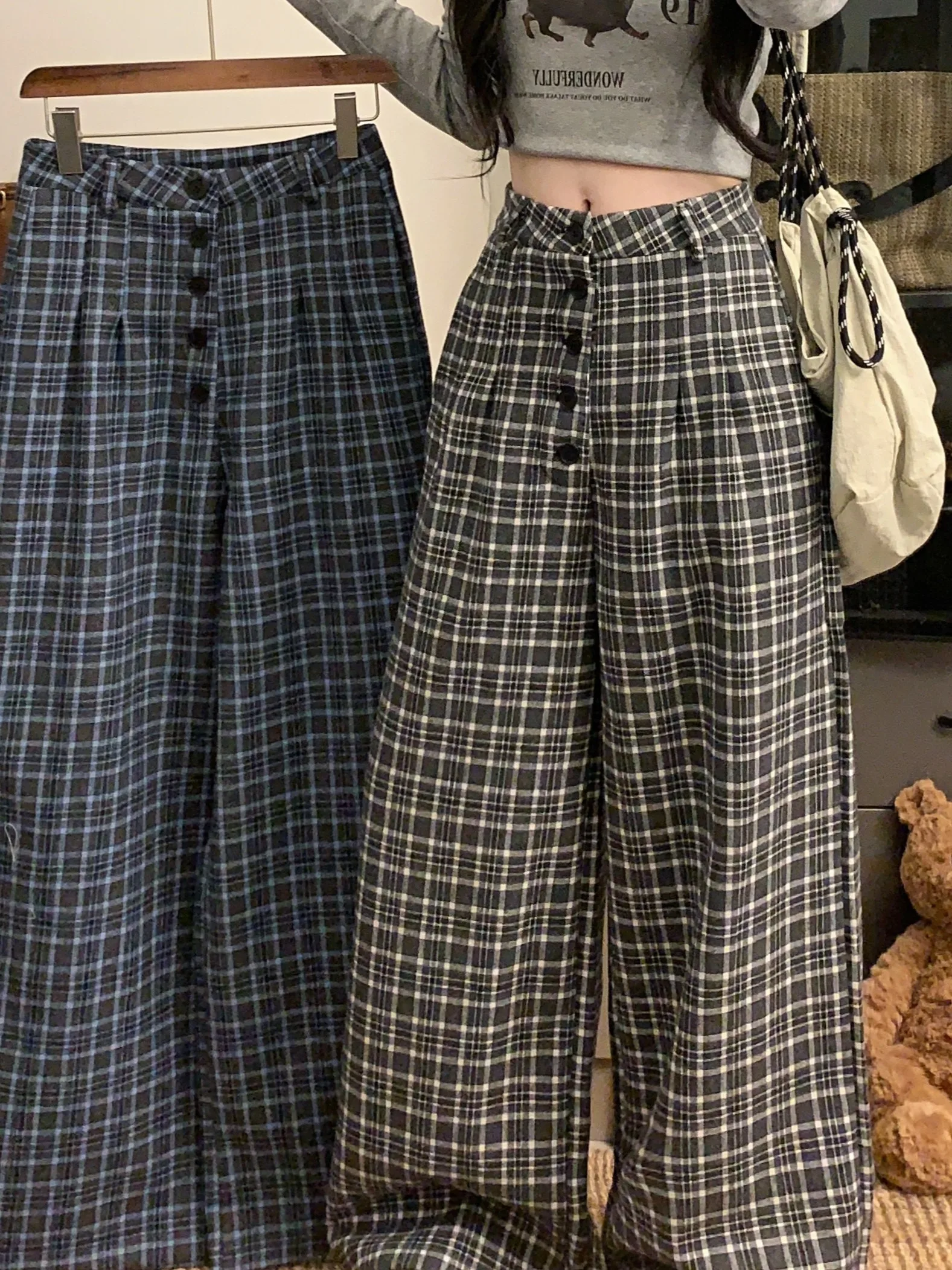 

Корейские шерстяные повседневные брюки в ленивую клетку, женские осенне-зимние свободные брюки на пуговицах, прямые брюки длиной до пола
