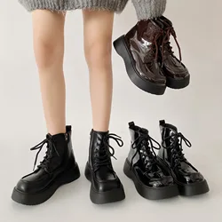 Lace Up Round Toe Boots Women New 2025 Female Shoes Winter Footwear Clogs Platform Ladies High Heel Rubber Rock Autumn Ankle