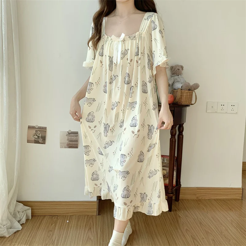 Plus Size 5XL 150KG Summer Women Sleep Dress Flower Nightdress Short Sleeve Home Wear Sweet Nightgown