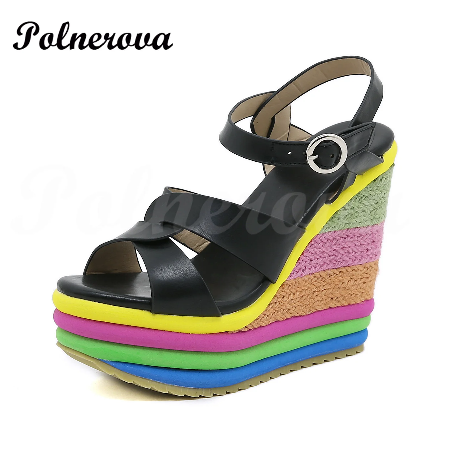 Rainbow Wedge Fish Mouth Sandals Women Summer Ankle Buckle Black Blue Red Green Yellow High Heel Pumps New Women's Shoes 34-43