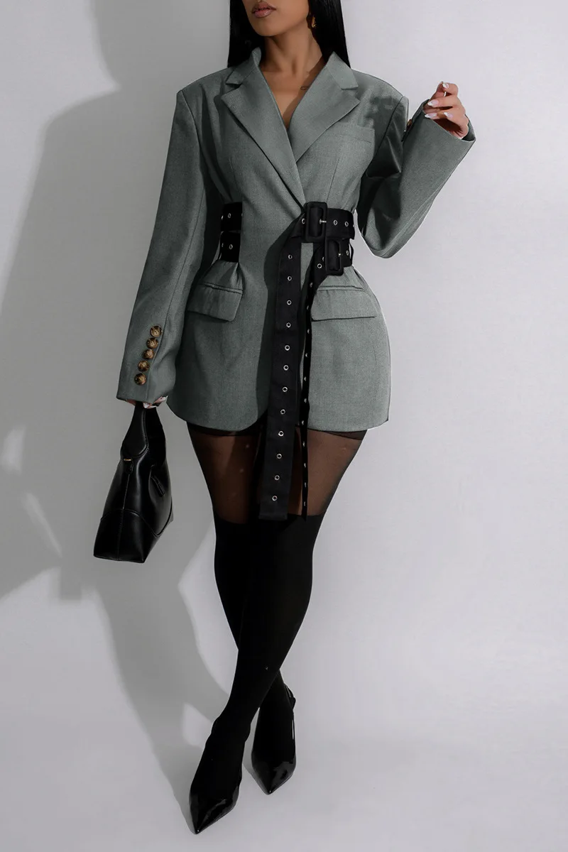 Elegant Women Long Sleeve Belt Blazer 2026 Spring Streetwear Robe Femmel Blazer Style Bodycon Midi Dress Female Clothing