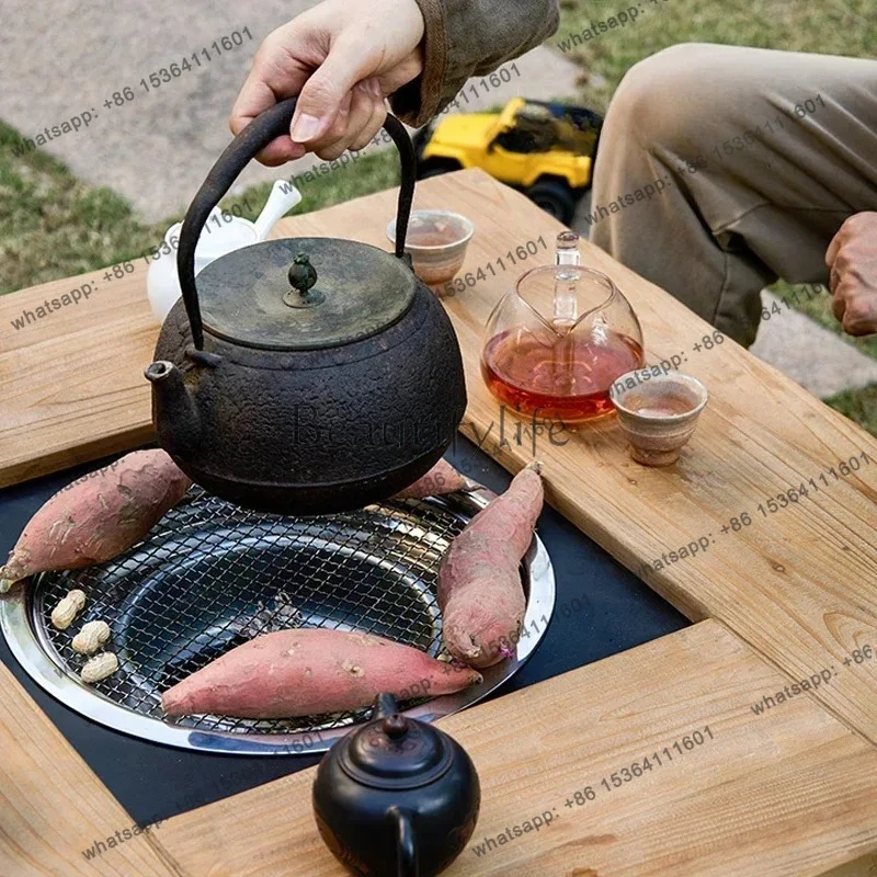 الخشب الصلب في الهواء الطلق موقد الشاي شرفة طاولة شاي مربع التدفئة الجدول النار طاولة القهوة متعددة الأغراض #4