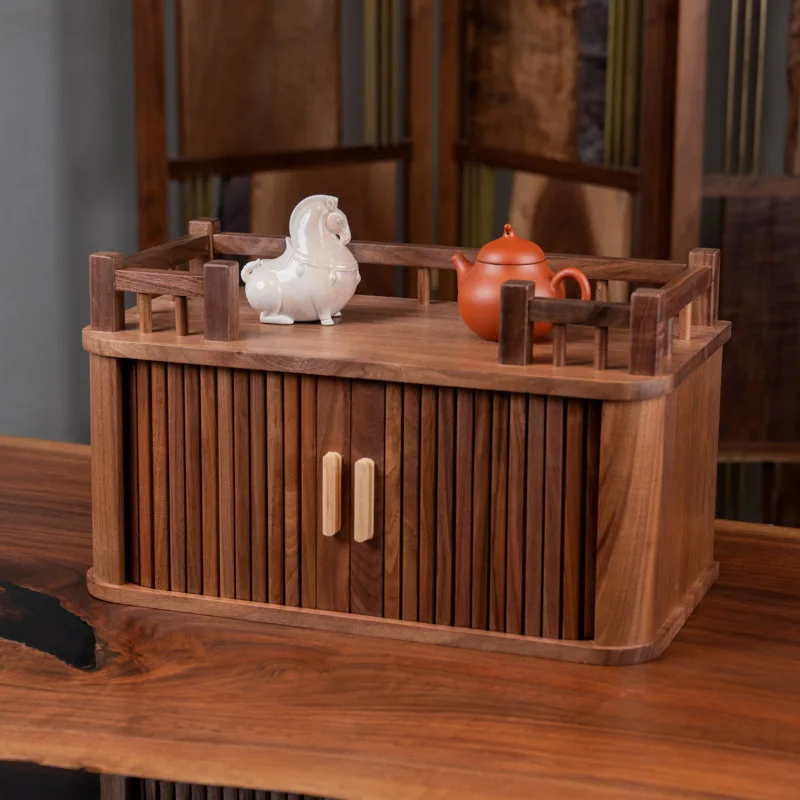 

Solid wood double-layer teapot storage cabinet dust-proof rolling shutter door teacup desktop cosmetics tea set rack