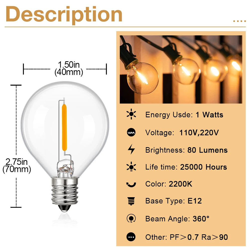 E12 Edison LED Bulb 220V 110V G40 Globe Vintage Filament Lamp Warm White 2200K 1W Retro Light Bulbs for Outdoor String Lights