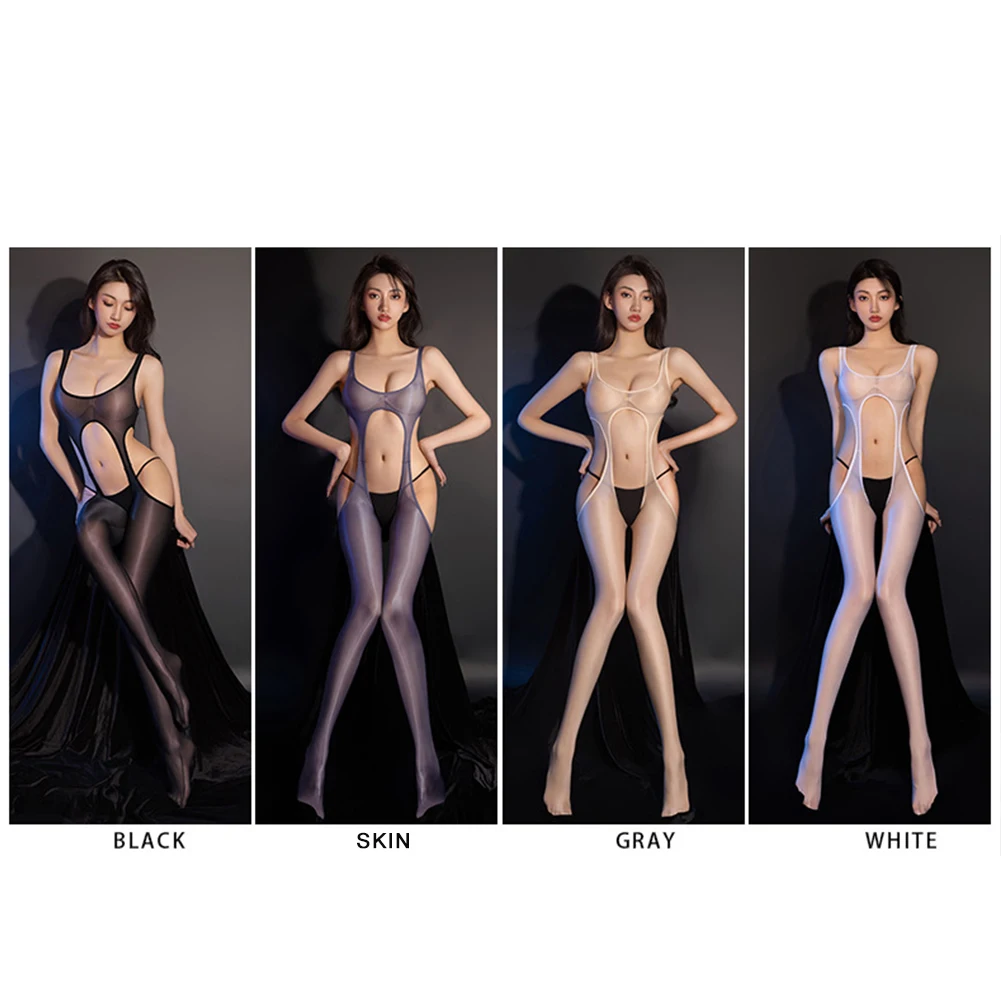 Oil Glossy Shiny Sexy Tight Bodystocking Open Crotch Bodysuit Hollow Out OnePiece Body Stockings Leotard See Through Tights