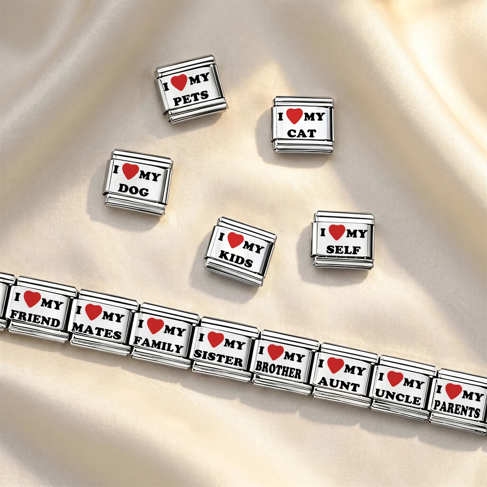 Laser-Gravur Italienische Charms für Frauen und Männer 'I Luv My Family' 9mm Edelstahl-Perlen DIY Armband-Herstellung Trendiger Schmuck Geschenke – Detail 4