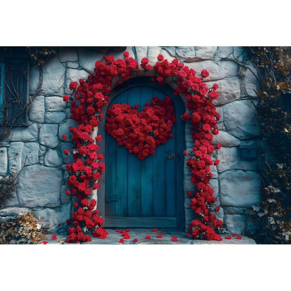 Happy Valentine's Day Photography Backdrop Red Roses Arched Wooden Door Heart Pendant Proposal Party Decoration Photo Props