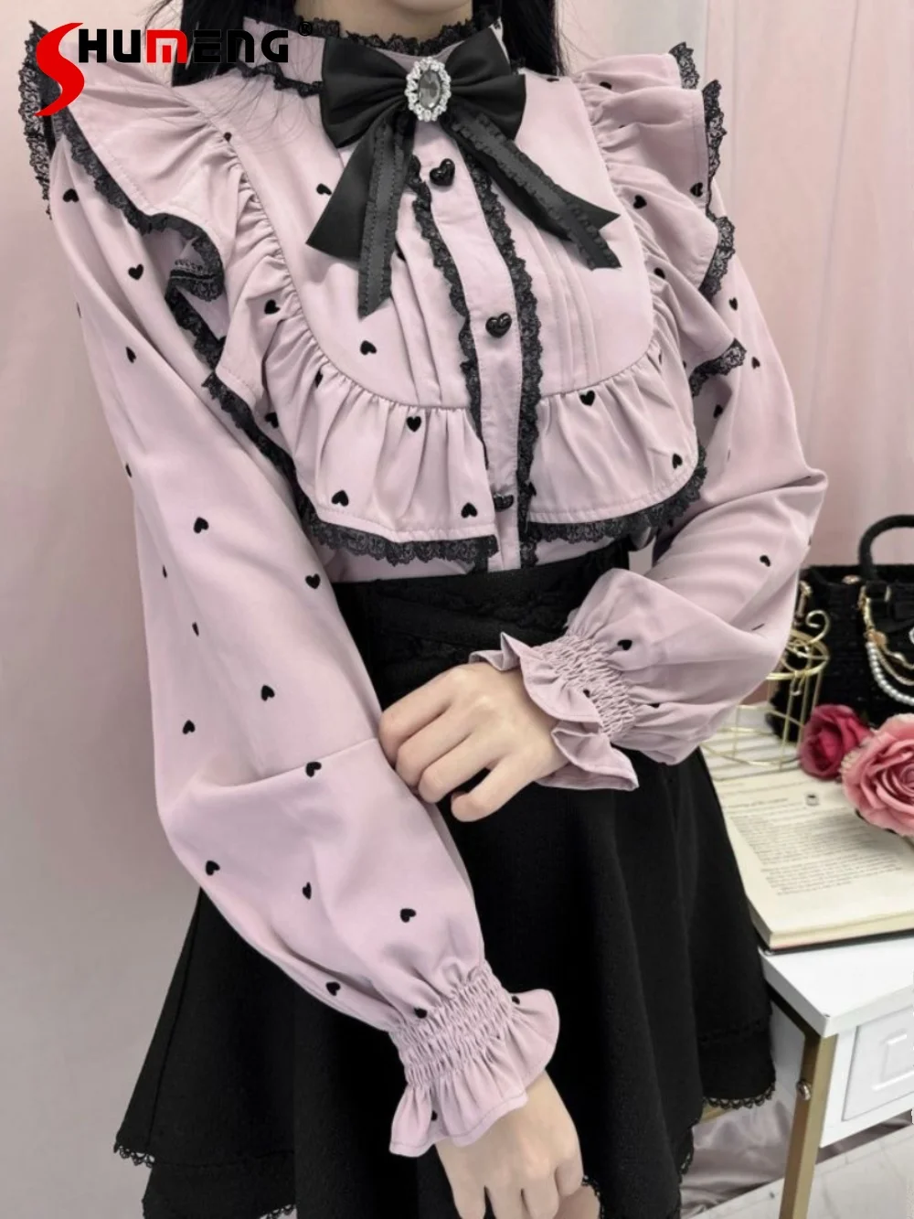 

Japanese Style Mass Ruffled Bow Top Woman Chic Sweet Long Sleeve Lapel Lace-up Lace Shirt Kawaii Sweet Slimming Blouses Feminina