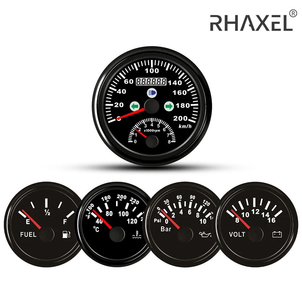 RHAXEL 5 Gauge Set 2in1 Marine Boat Auto UTV GPS Speedometer with Tachometer Fuel Level Water Temp. Oil Presseure Voltmeter 12V