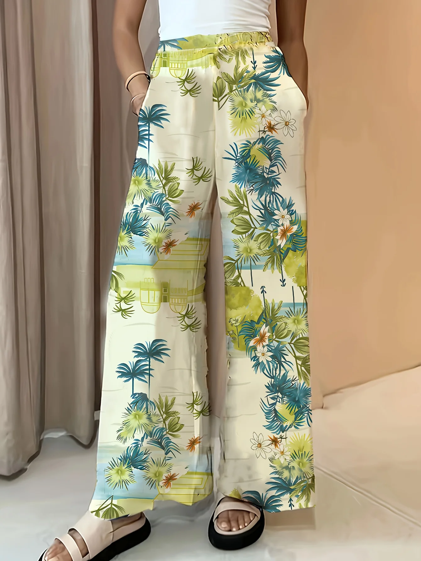 Pantaloni a gamba larga con stampa floreale pantaloni larghi in vita elasticizzata con orlo diviso Boho per abbigliamento donna primaverile ed estivo