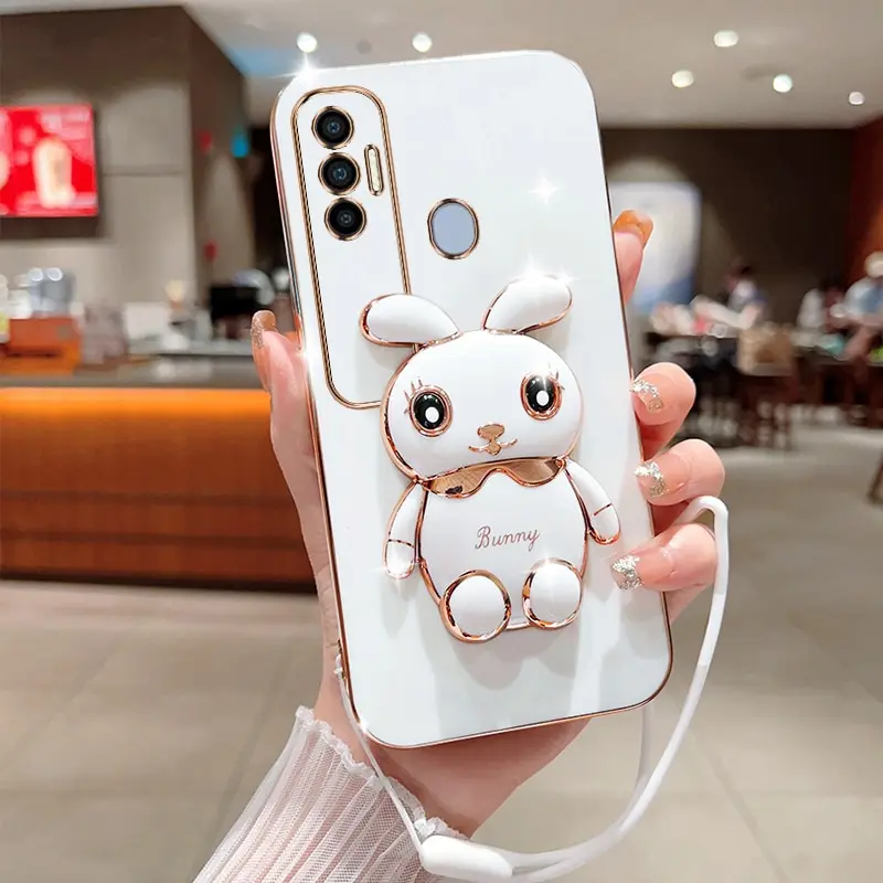 Phone Case For Infinix Tecno Spark 7 Pro Luxury Plating Square Rabbit Holder With Landyard Phone Case Cover