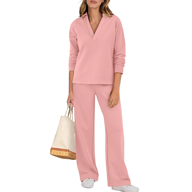 Europe Fashion 2Pcs Tracksuits Long Sleeve V Neck Pullover Sweatshirt Loose Wide Leg Pants 2025 Fall Collection Women’s Outfits