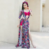 Women Belly Dance Class Uniform Flower Printing Baladi Dress Saidi Dresses Girls Folk Costume Set Long Robe with Headbands