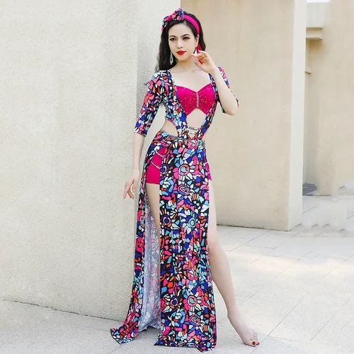Uniforme de clase de danza del vientre para mujer, vestido Baladi con estampado de flores, vestidos Saidi, conjunto de traje folclórico para niñas, bata larga con diademas