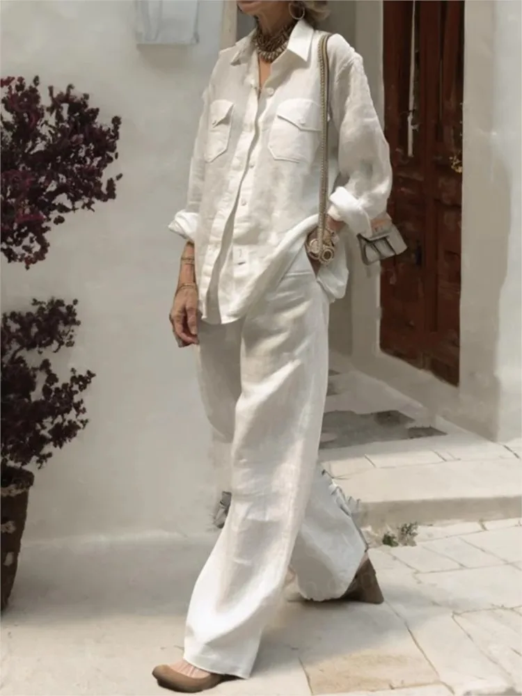 Women Linen And Cotton Two-piece Set, Loose Collared Pants, Pocket Shirt, Wide Legs, Spring And Autumn, 2024