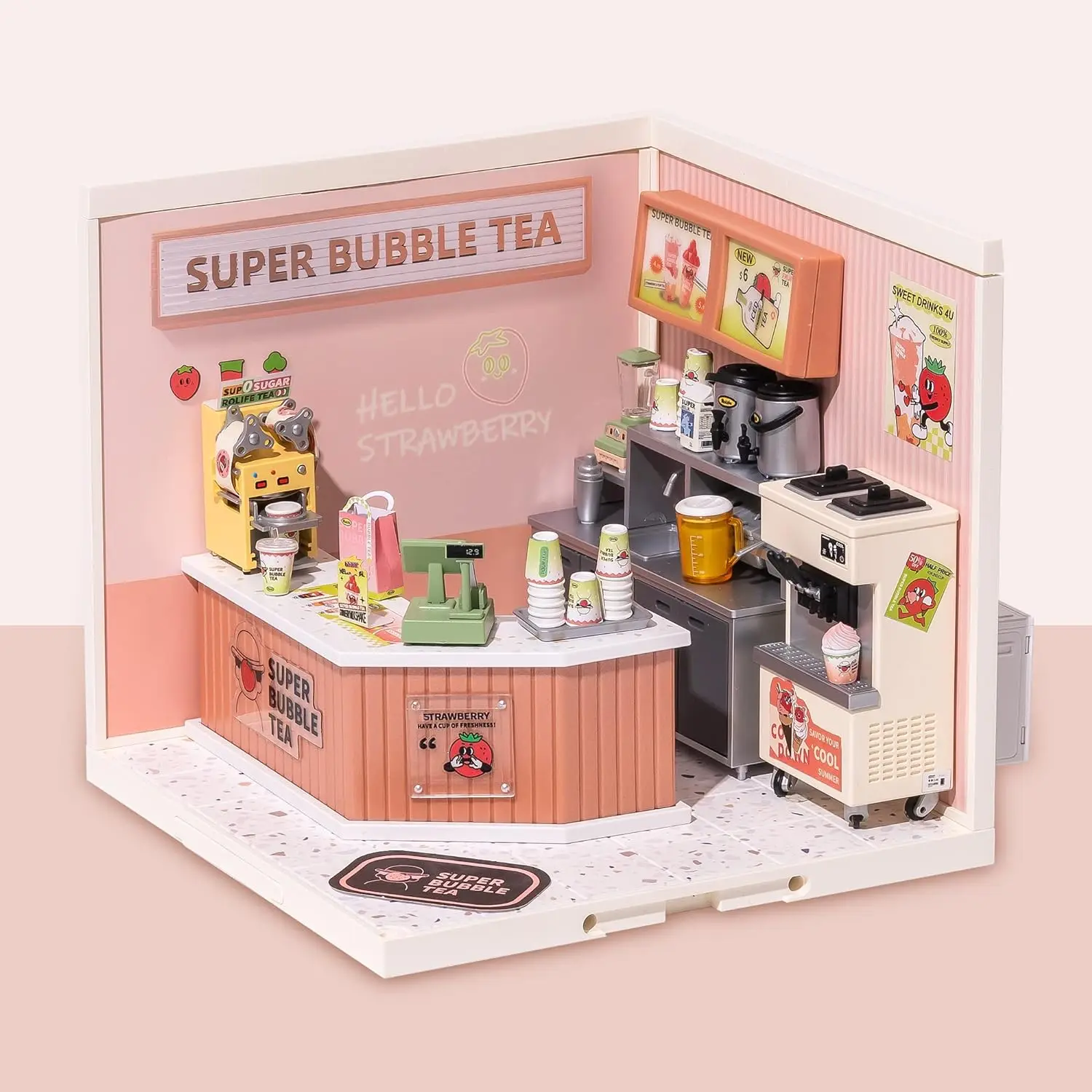 Robotime Rolife Double Joy Bubble Tea 1:24 Led Plastic 3D Puzzle DIY Miniature House Kit for Adults Hobbies for Women Men