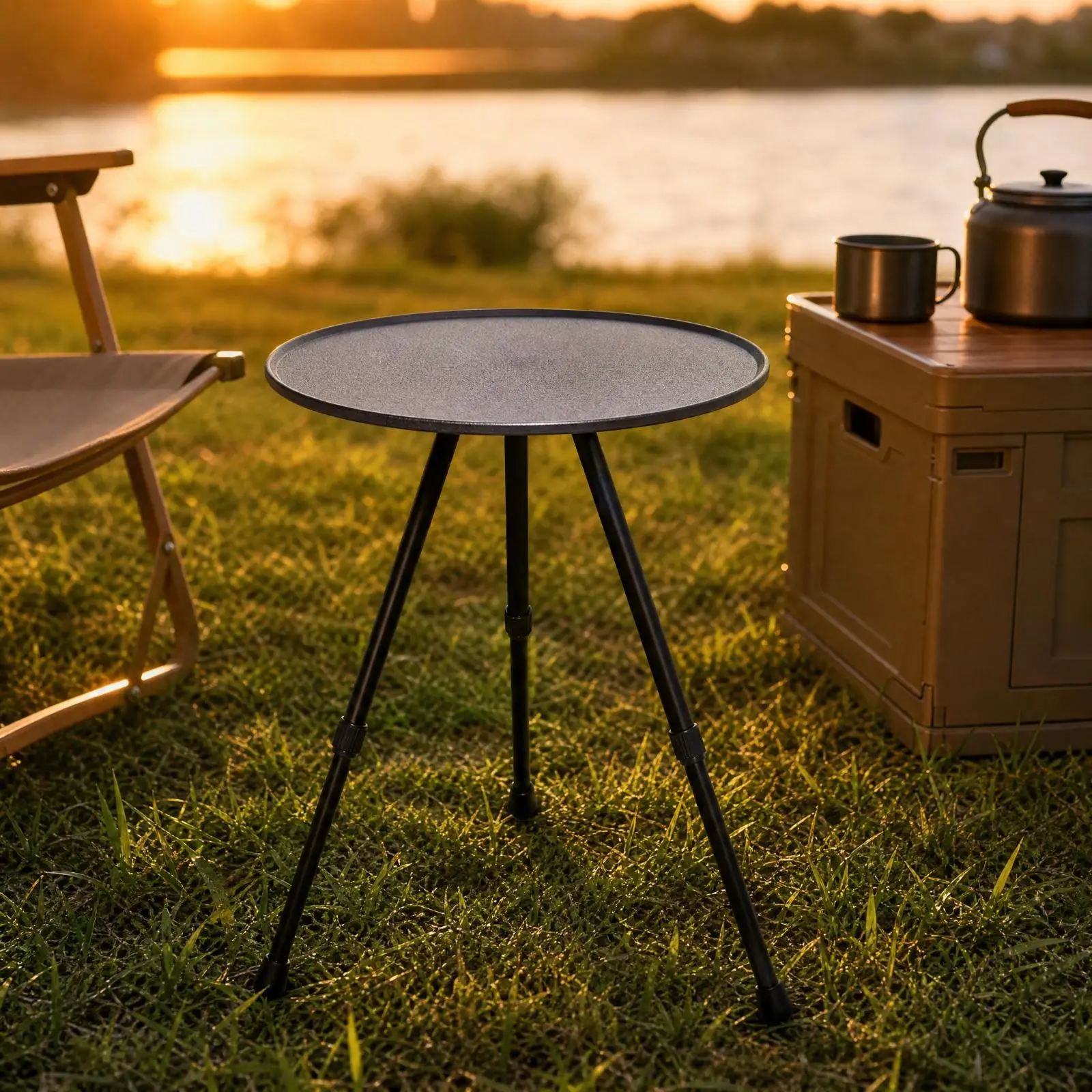 Round Folding Table for Camping Outdoor Picnic Garden Metal Tripod Frame Adjustable Height Portable Stable Padded Feet Surface