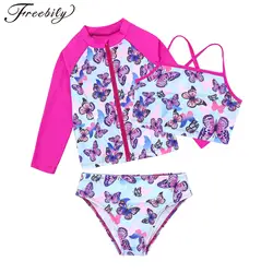 3Pcs Kids Girls Swimsuit Sets Sleeveless Tops with Briefs and Long Sleeves Front Zipper Coat Set Beach Swimwear Bathing Suits