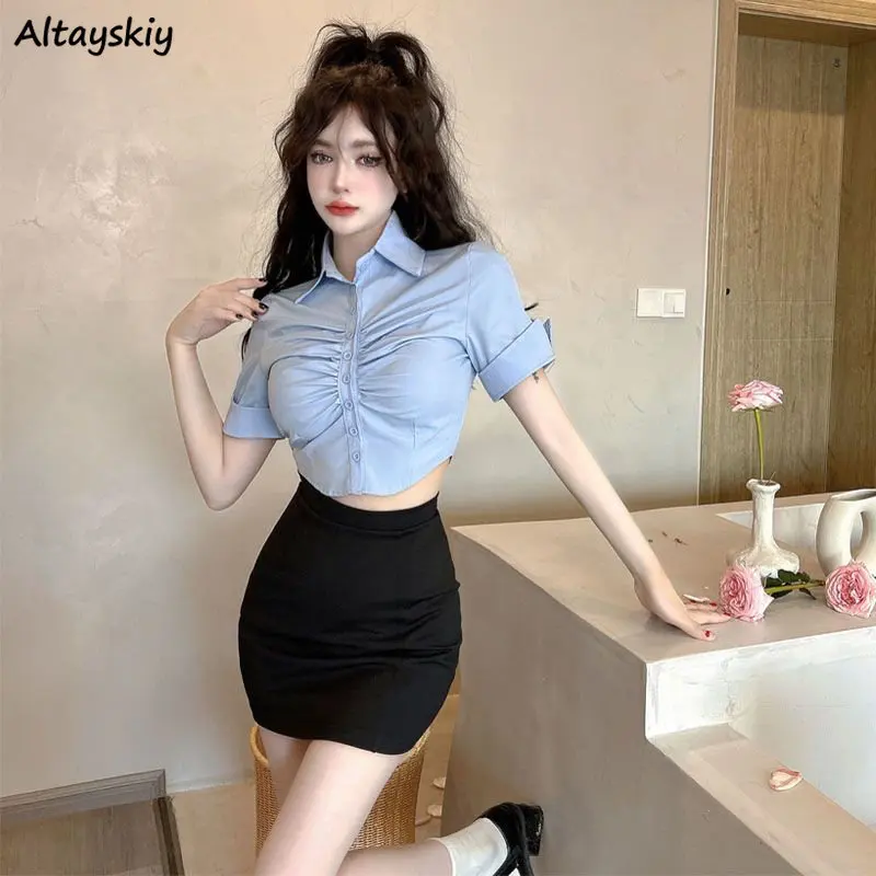 

Sets Women Slim Hotsweet Folds Preppy Short-sleeve Cropped Shirts Sheath Skirts American Style Mini Girlish Summer New Ulzzang