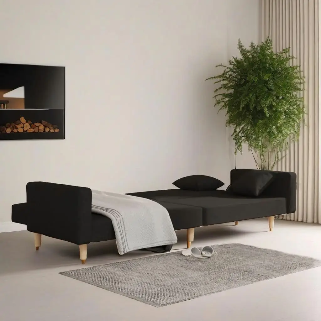 Black Fabric 2-Seater Sofa Bed with 2 Pillows - Stylish & Versatile Furniture