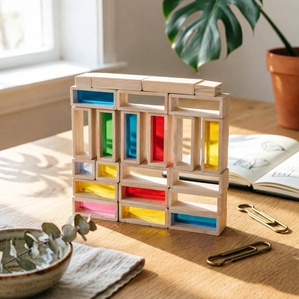 36 Pieces Wooden Blocks with Acrylic Colorful Rainbow Block Structures Rainbow Blocks Stackable Wooden Building Block Set